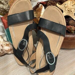 Aetrex Black and Tan Sandals with Silver Buckle